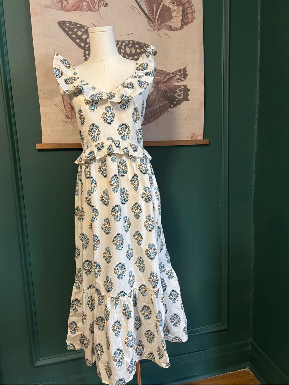 J. Crew block print  White  Ruffle Maxi Dress size 10